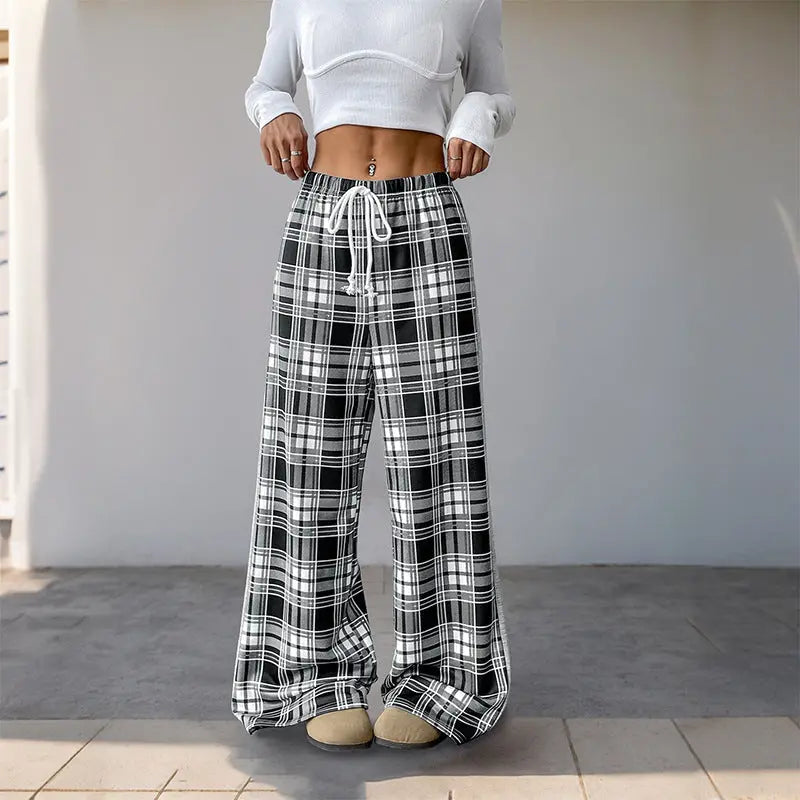 Casual Plaid Stitching Wide-leg Pants For Women hercurva