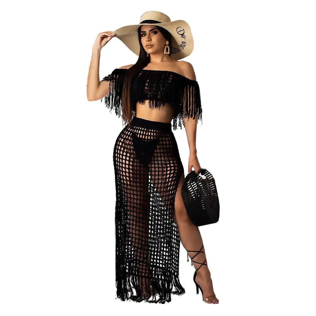 Hollow-out Handmade Tassel Off-shoulder Beach Skirt Suit hercurva