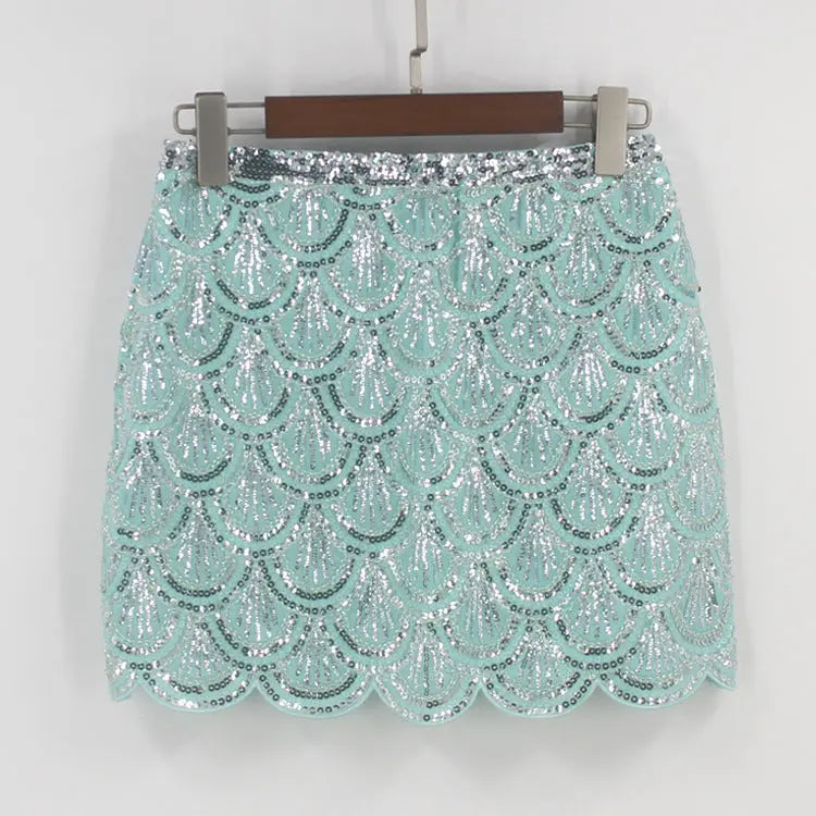 Heavy industry sequin wave edge hip hugging short skirt and half body skirt hercurva
