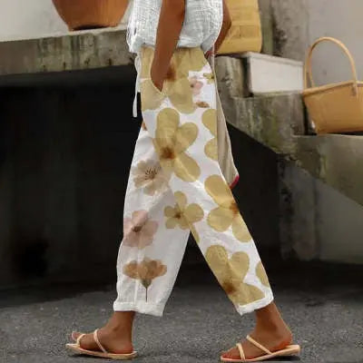 Women's Cotton And Linen Printing Paste Bags Casual Pants hercurva