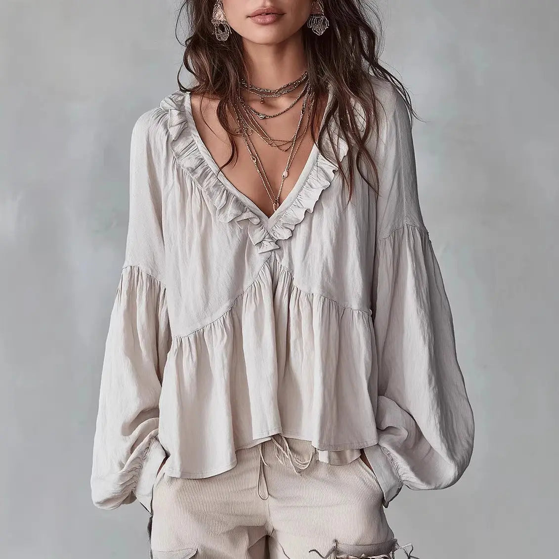 Ruffle-trimmed Puff-sleeve Pleated Blouse hercurva