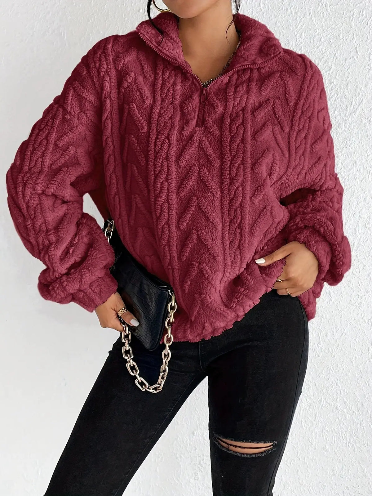 Double-sided Plush Latte Art Casual Zipper Pullover Top hercurva