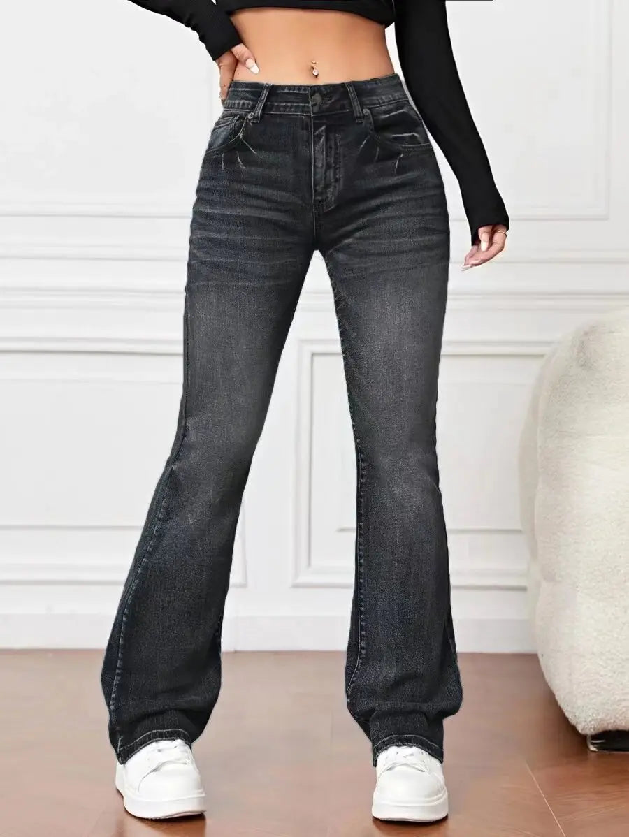 Denim High Waist Loose And Slimming Bootcut Trousers hercurva