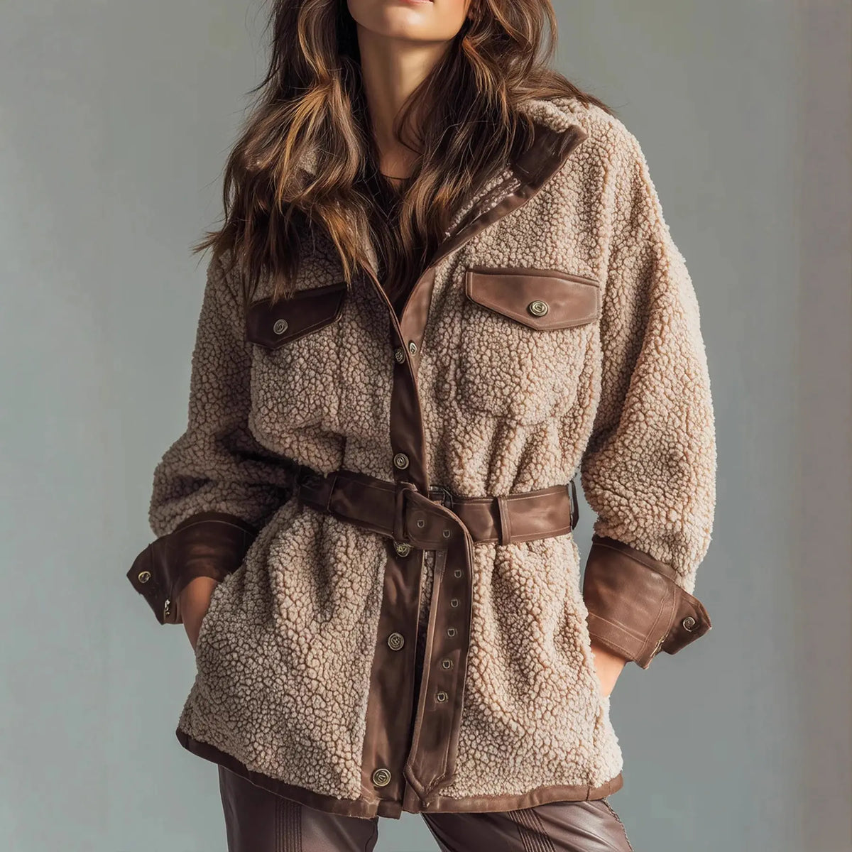Women's Wear Thickened Lamb Fur Spliced PU Leather Pocket Leather Belt Retro Coat hercurva