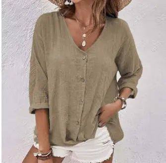 V-neck Long-sleeved T-shirt Fashion Solid Color Button Top Casual Loose Clothing For Women hercurva