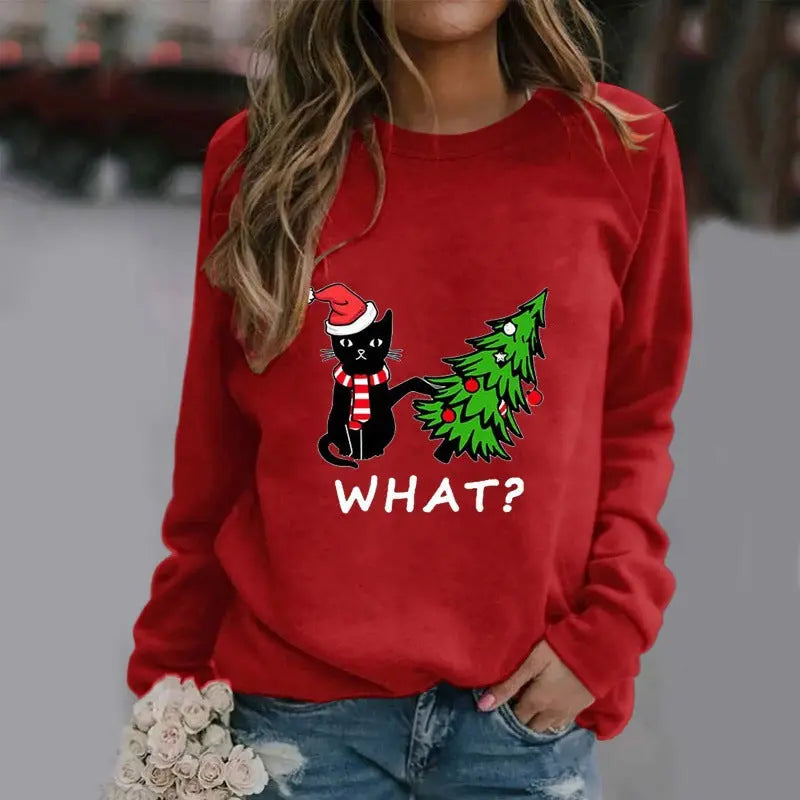 Christmas Womens T-Shirt Ugly Cat Long-sleeved hercurva