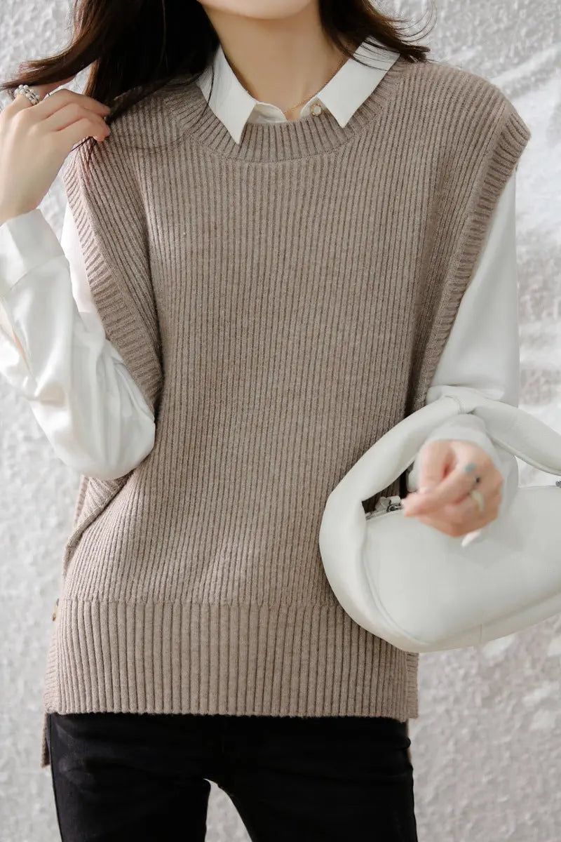Womens Knitted Crew-Neck Vest Casual Loose-Fit Sleeveless Waistcoat hercurva