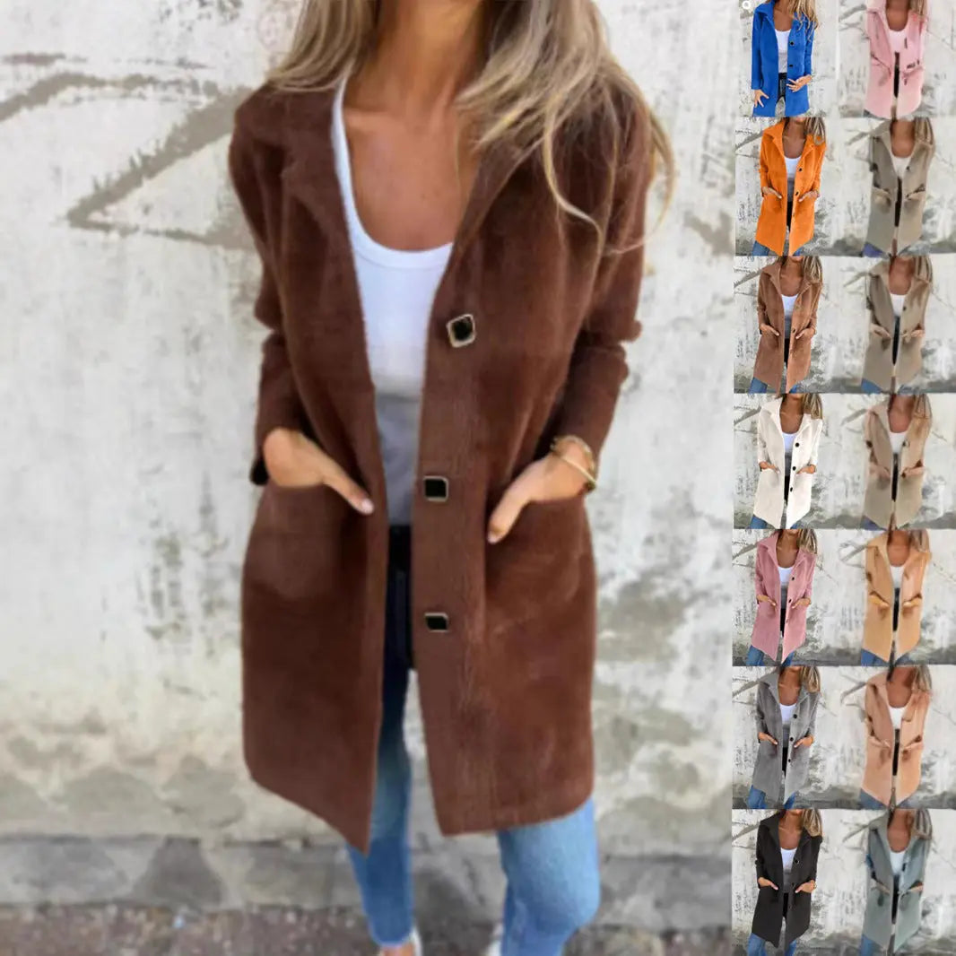 Single-breasted Polo Collar Pocket Mid-length Coat hercurva