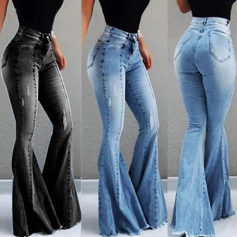 Elastic High Waist Ripped Denim Bell-bottom Pants Women hercurva