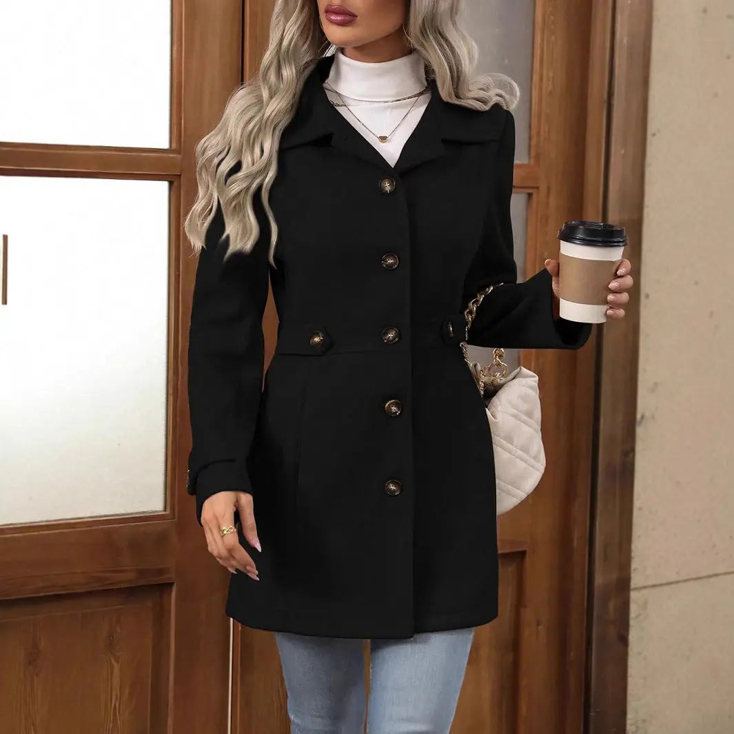 Elegant Single-breasted Woolen Coat Buttons Lapel Mid-length Jacket Temperament Commuter Outwear Clothing For Women hercurva