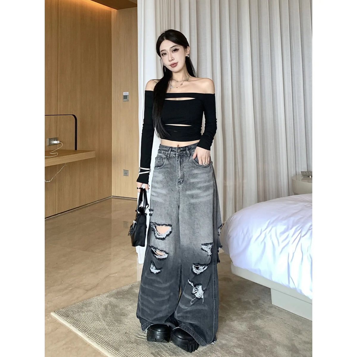 Gradient Color Big Ripped Hot Girl Wide Leg Jeans For Women hercurva