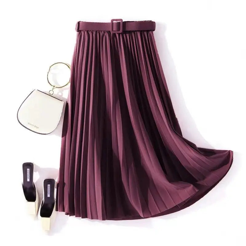 Solid Color Simple Organ Pleated Skirt Mid-length Skirt hercurva