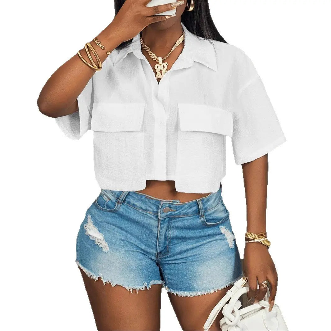 Women's Casual Fashion Pocket Short-sleeved Solid Color T-shirt hercurva