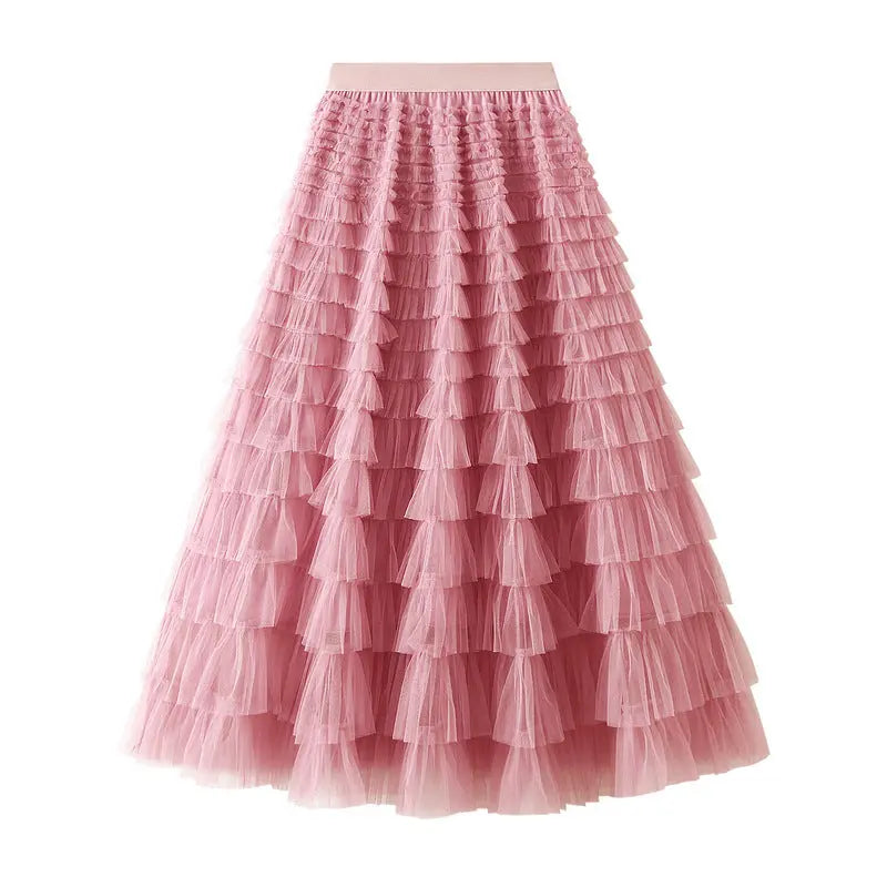 A-Line Mesh Ruffle Skirt Women's Temperament Sweet Long Skirt Slim Cupcake Dress Womens Clothing hercurva