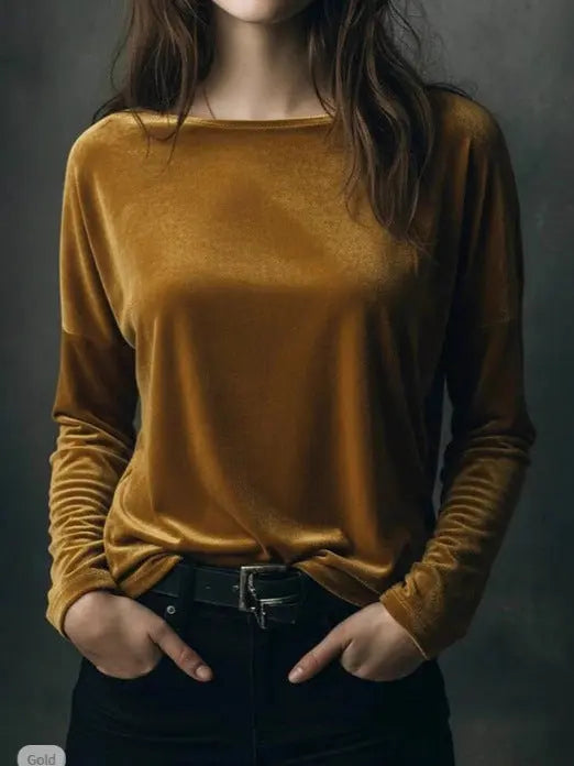 Female Solid Color Loose Fit Crew-neck Pullover Velvet T-shirt hercurva