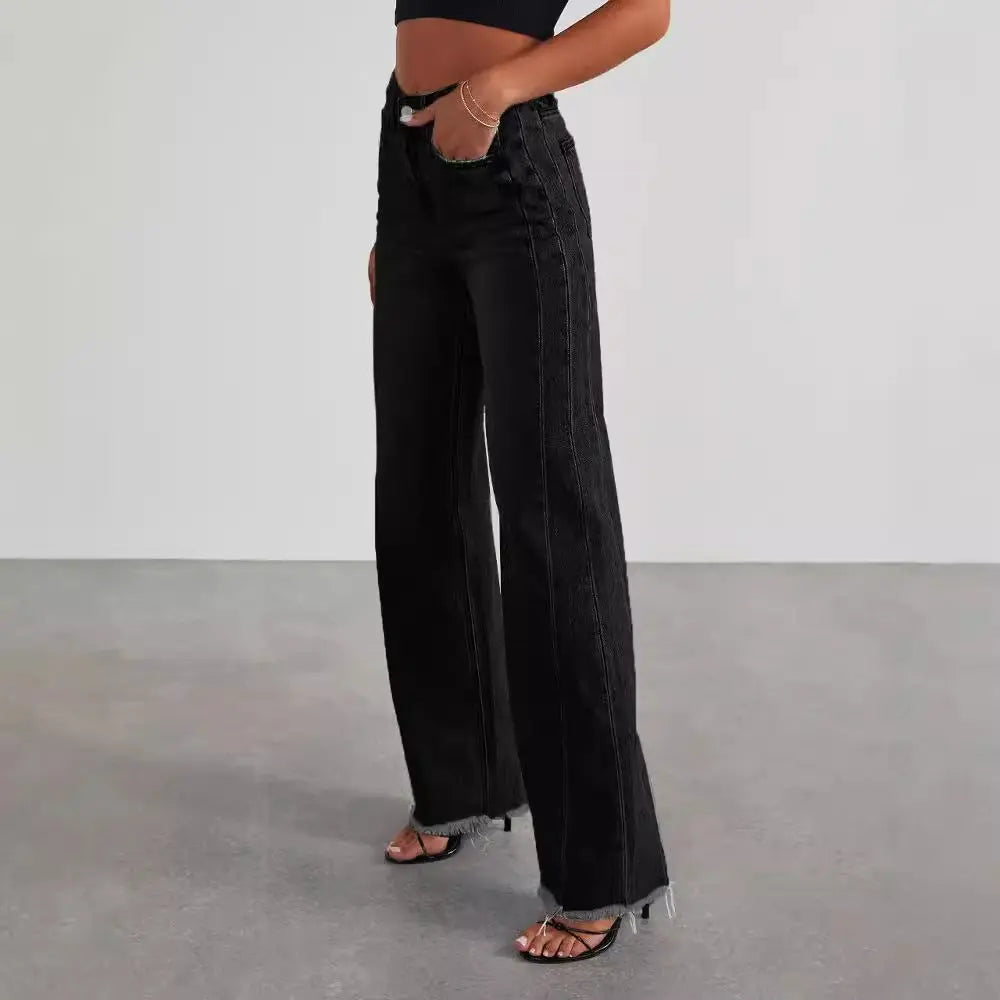 Fashion High Waist Jeans With Pockets Comfortable Slim Fit Straight Wide-leg Pants Womens Clothing hercurva