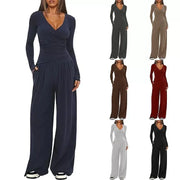 2 Pieces Women's V Neck Long-sleeve Sportswear Top And Wide-leg Pants Set Casual Comfortable Outfit Set For Daily Wear Gym Sports Outfit hercurva