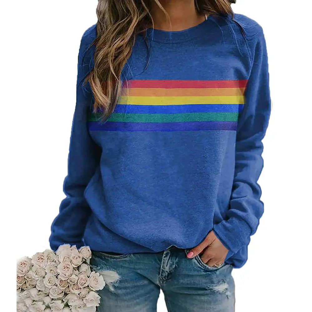 Color Striped Print Round Neck Pullover Long Sleeve Sweater hercurva