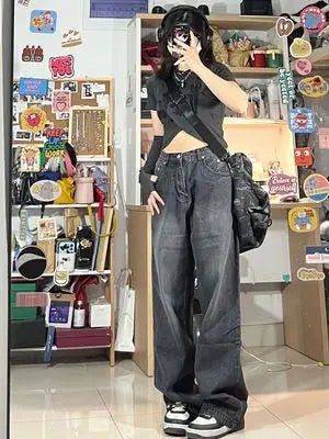 Black Jeans Women's High Waist Loose Straight Wide Leg Mopping Pants hercurva