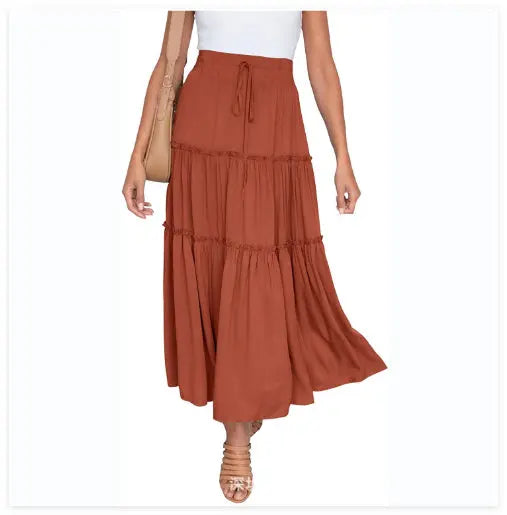 Women's Elastic High Waist A-Line Pleated Casual Maxi Dress hercurva