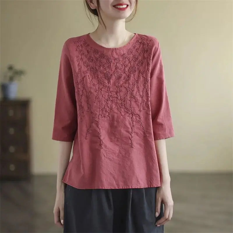 Artistic Retro Cotton And Linen Solid Color Half Sleeve hercurva