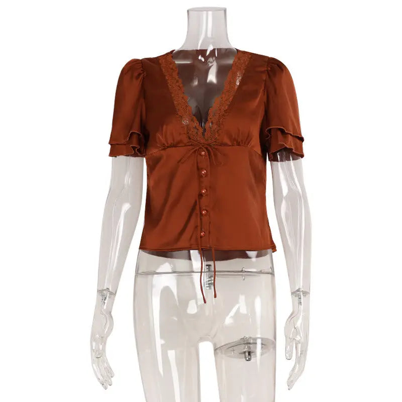 Fashion V-neck Lace Stitching Lace Up Slimming Short Sleeve hercurva