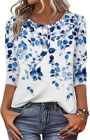 Printed 34 Sleeves Button Women's T-shirt hercurva