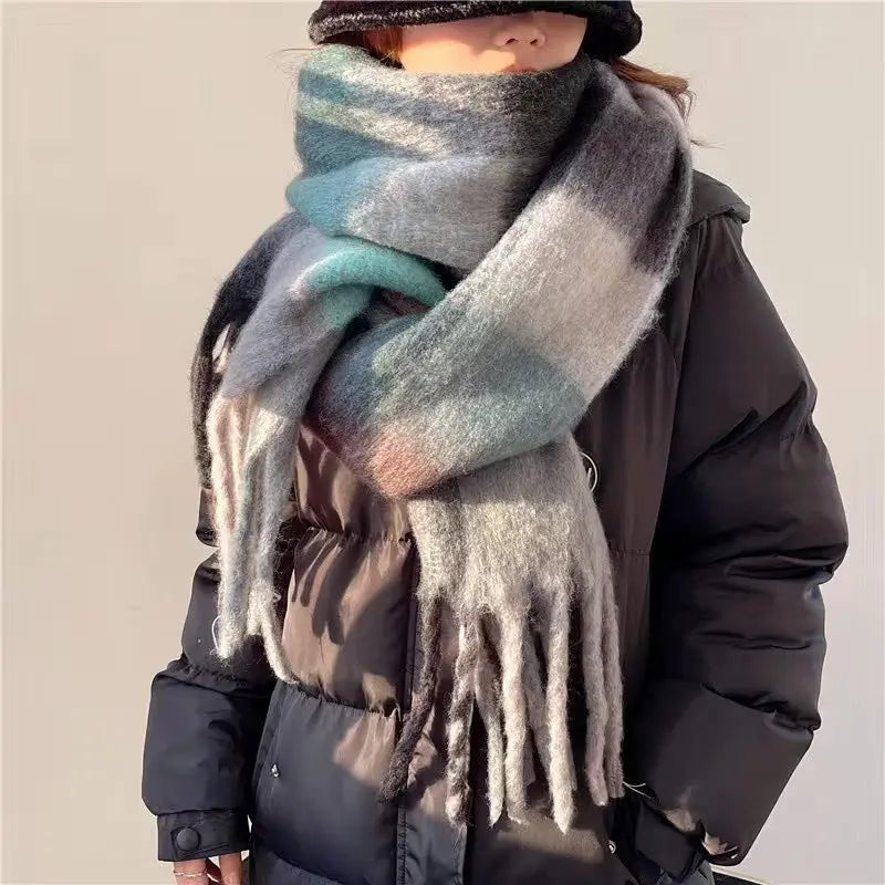 Women's Plaid Tassel Scarf Rainbow Color-blocking Shawl hercurva