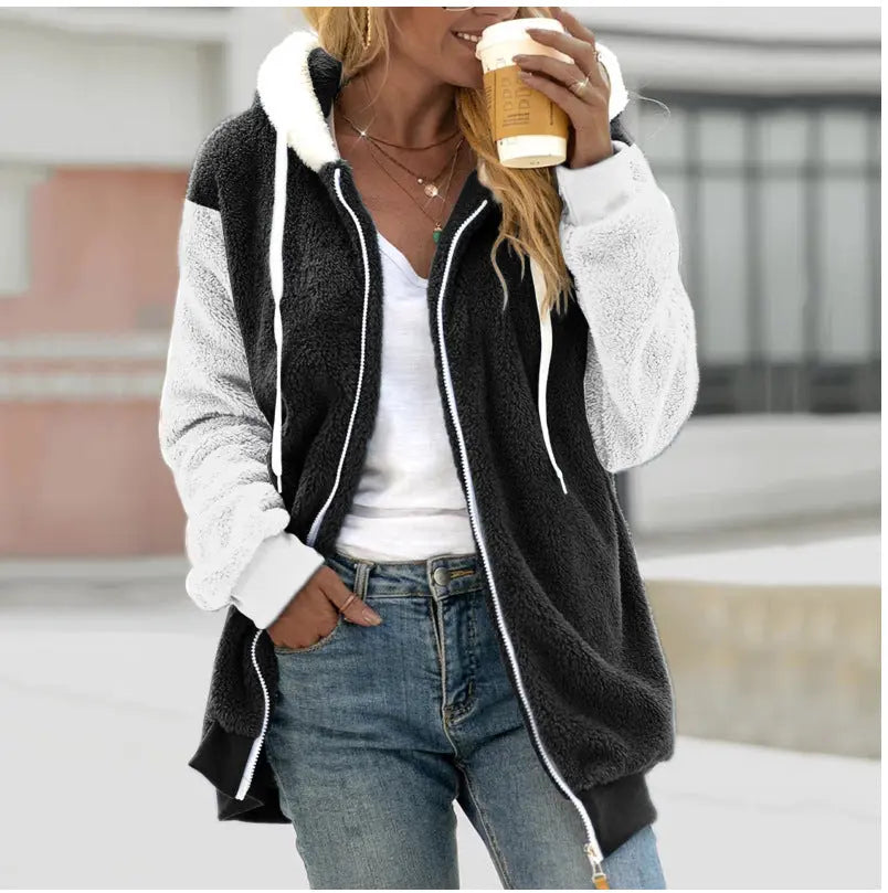 Women's Loose Plush Zipper Hooded Jacket hercurva