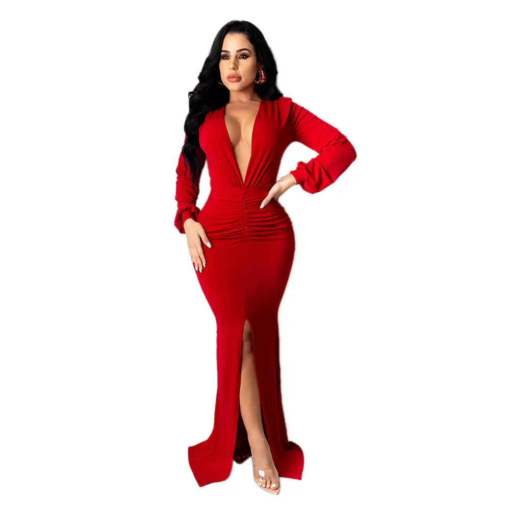 Women's Large V-neck Slim-fit Nightclub Evening Dress hercurva