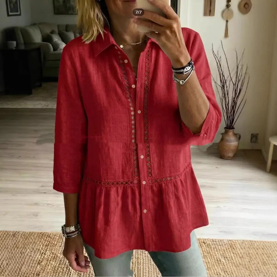Patchwork Floral Woven Ribbon Cotton-Linen Shirt hercurva