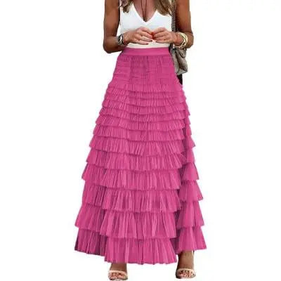 Layered Ruffles Cake Skirt Summer Fashion A Line Swing Mesh Long Skirt Party Dress Women hercurva