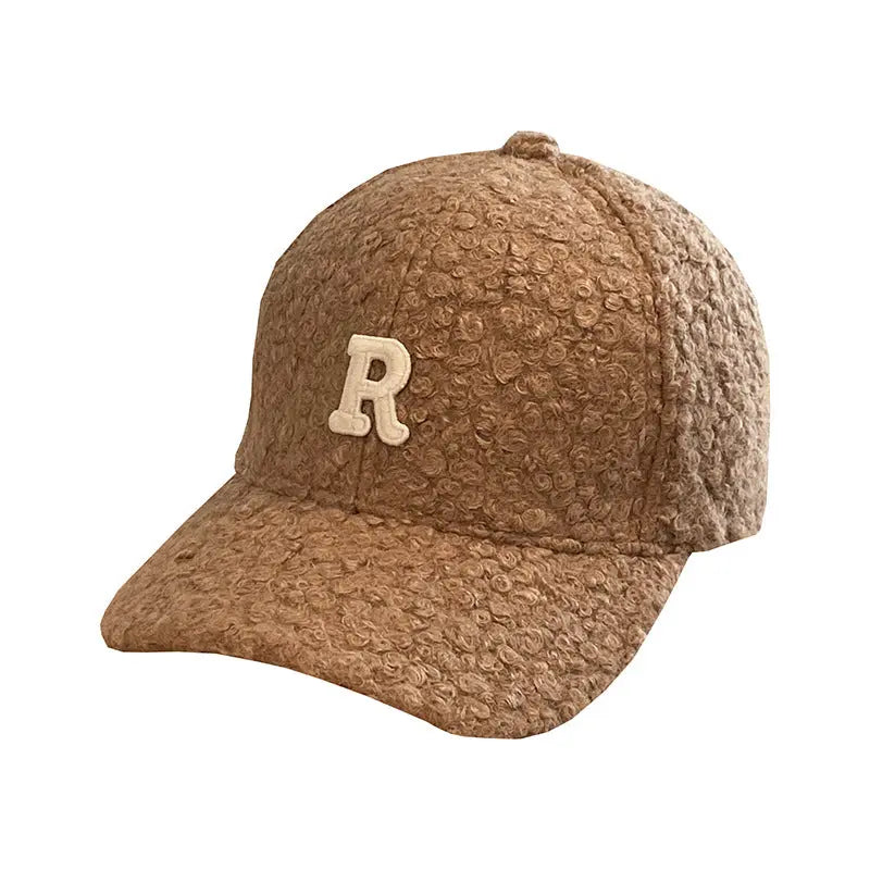 Winter Thick Lambskin Furry Large R Letter Baseball Cap hercurva