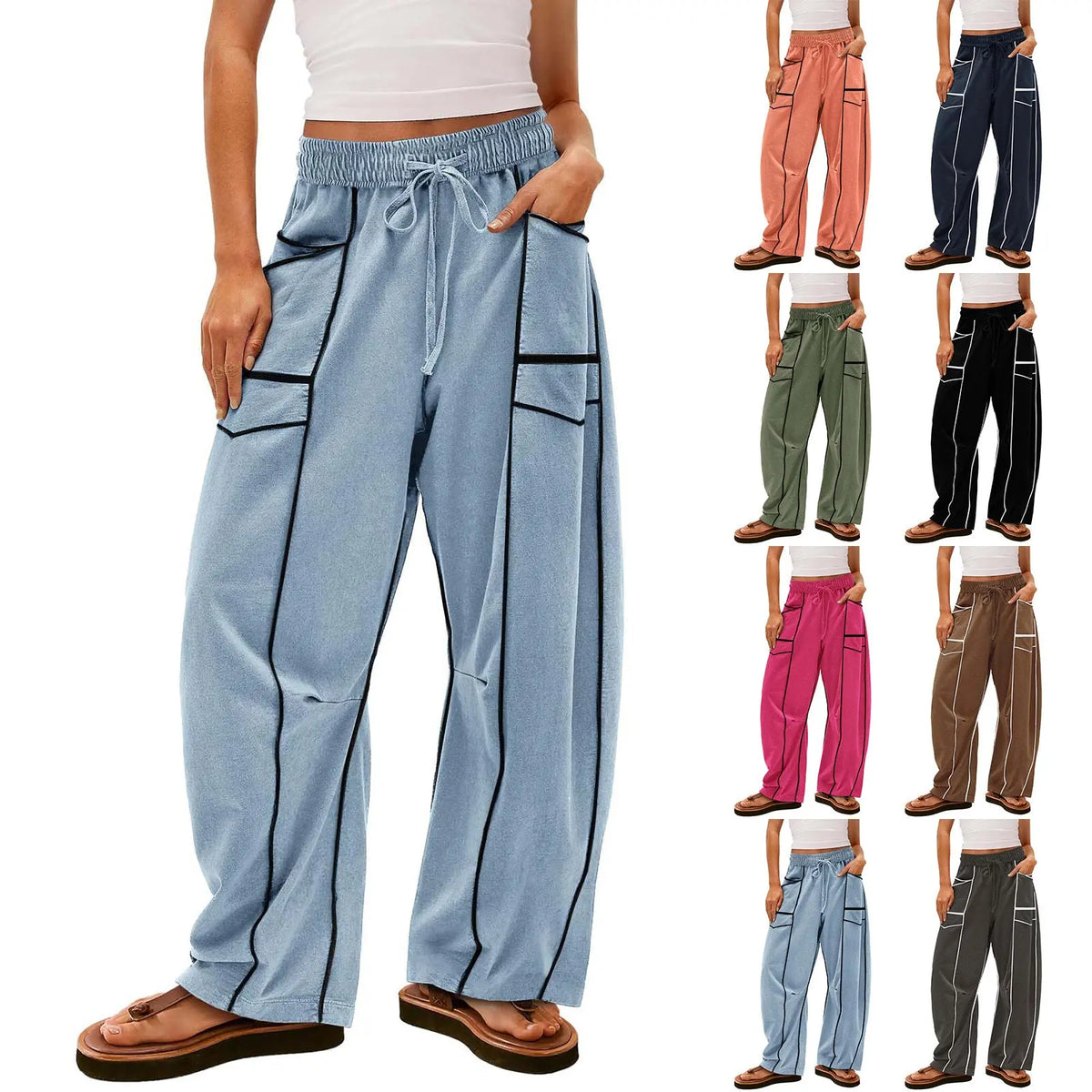 Y2K Black Striped Wide-leg Pants With Pockets Fashion Loose Drawstring Trousers Sports Sweatpants Women's Clothing hercurva