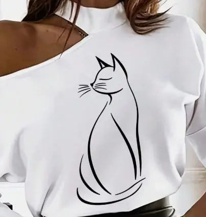 Women's White Long Sleeve T-Shirt With Cartoon Line Pattern & Open Shoulder Design Graphic Tees Women Tops For Spring Outfit hercurva