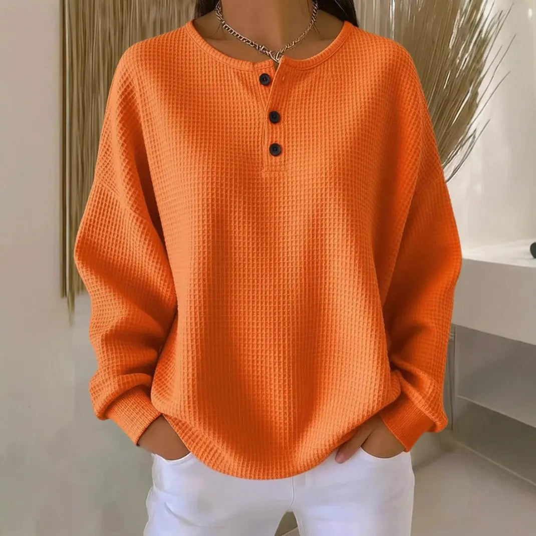 Round Neck Waffle Solid Color Pullover Loose Top hercurva