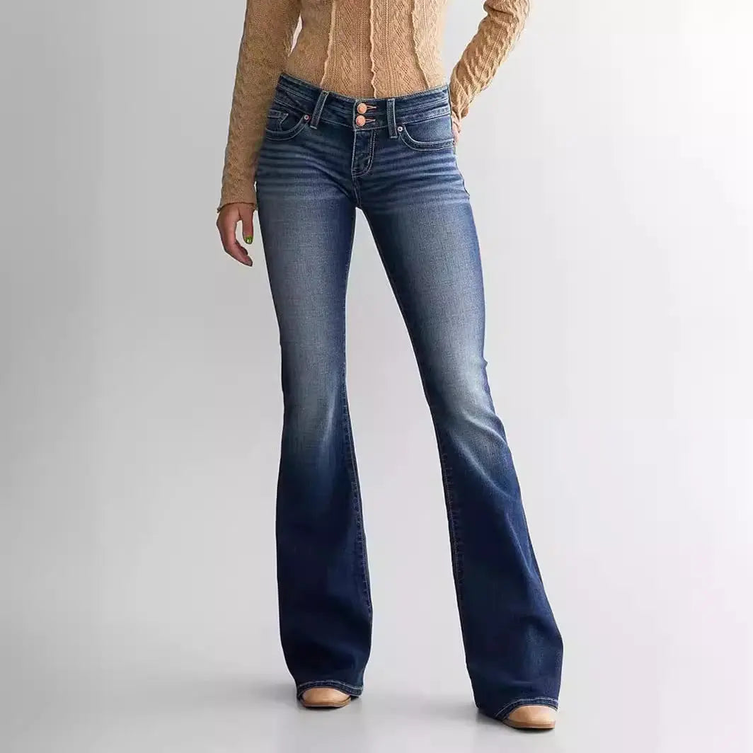 Ladies Mid Waist Slim Fit Stretch Retro Flared Jeans hercurva