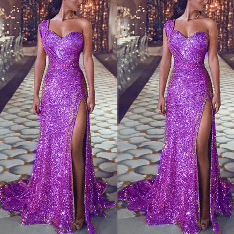 Women's Clothing One-shoulder Sleeveless Bronzing Split Dress hercurva