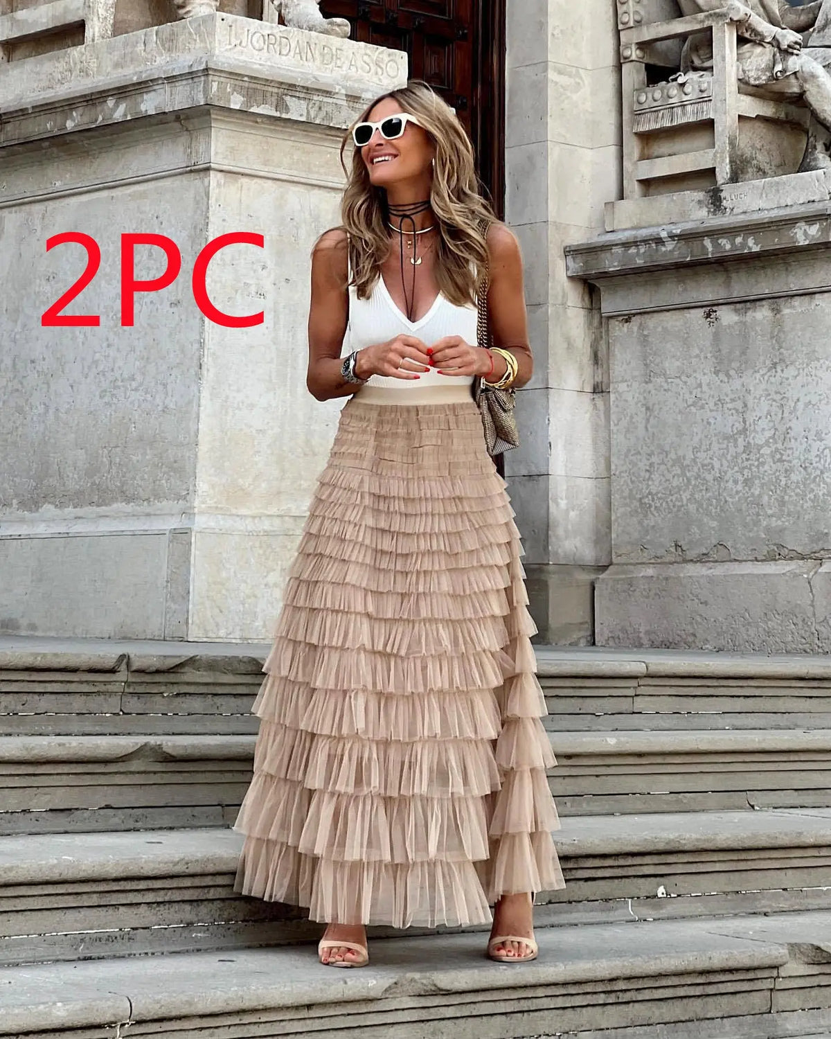 Layered Ruffles Cake Skirt Summer Fashion A Line Swing Mesh Long Skirt Party Dress Women hercurva