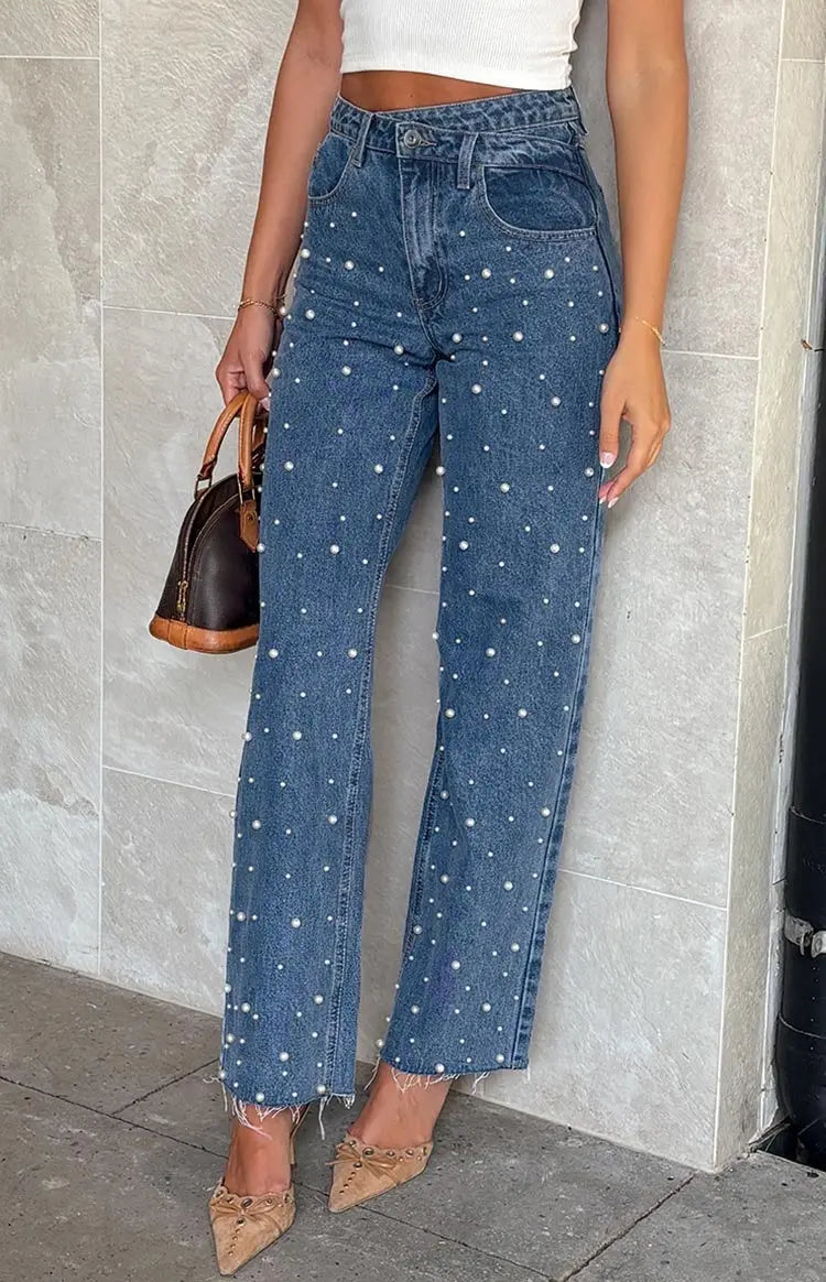 Oblique Waist Cross Beaded Straight-leg Frayed Hem Jeans hercurva