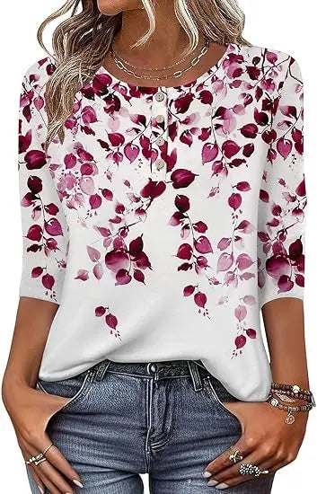 Printed 34 Sleeves Button Women's T-shirt hercurva