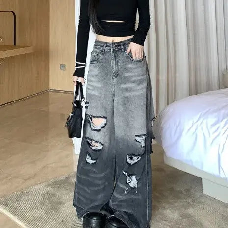 Gradient Color Big Ripped Hot Girl Wide Leg Jeans For Women hercurva