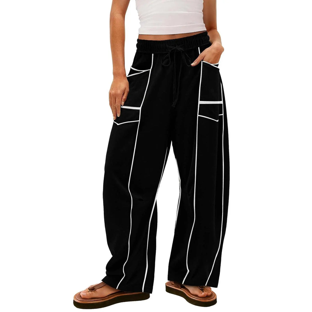 Y2K Black Striped Wide-leg Pants With Pockets Fashion Loose Drawstring Trousers Sports Sweatpants Women's Clothing hercurva