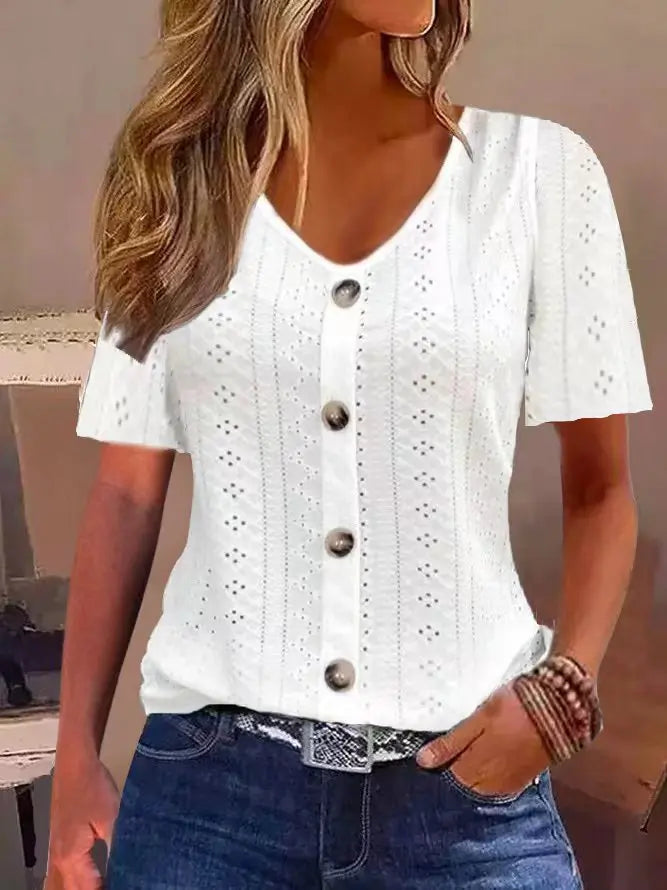 Solid Color Jacquard V-neck Buttons Short Sleeve T-shirt Top hercurva