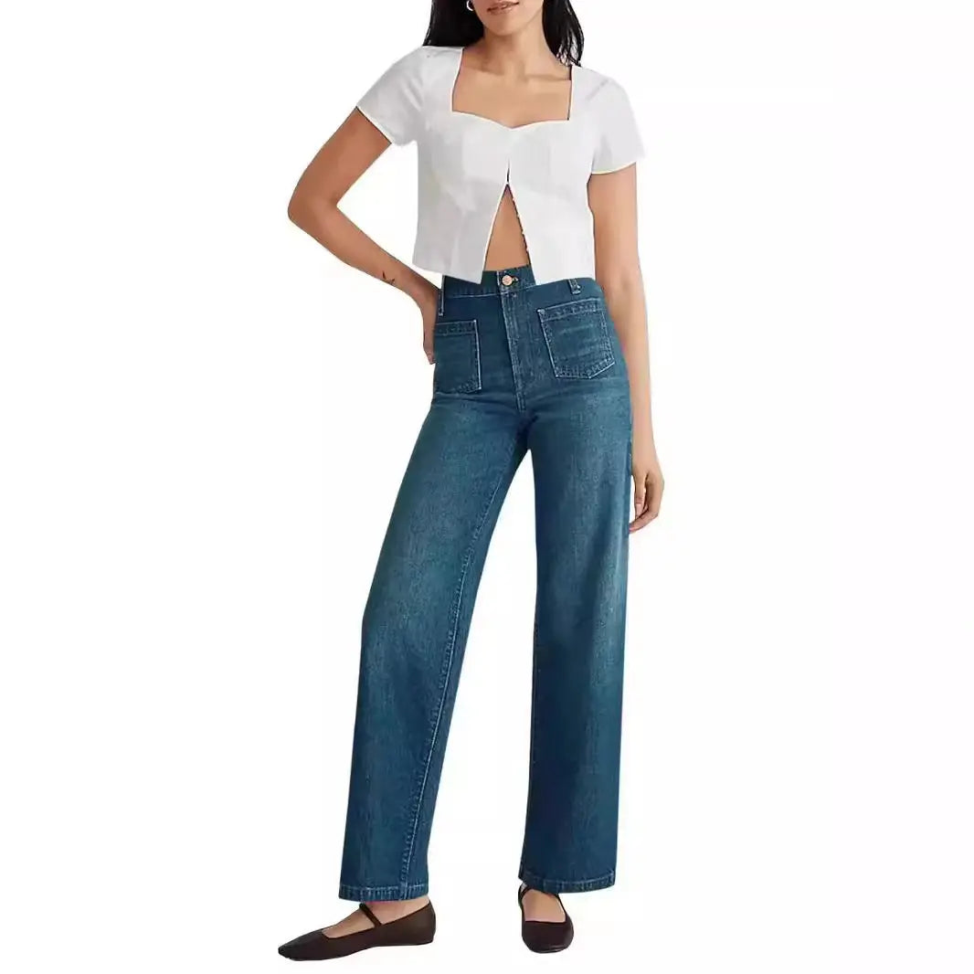 Washed Women's Jeans Wide Leg Trousers Square Pocket hercurva