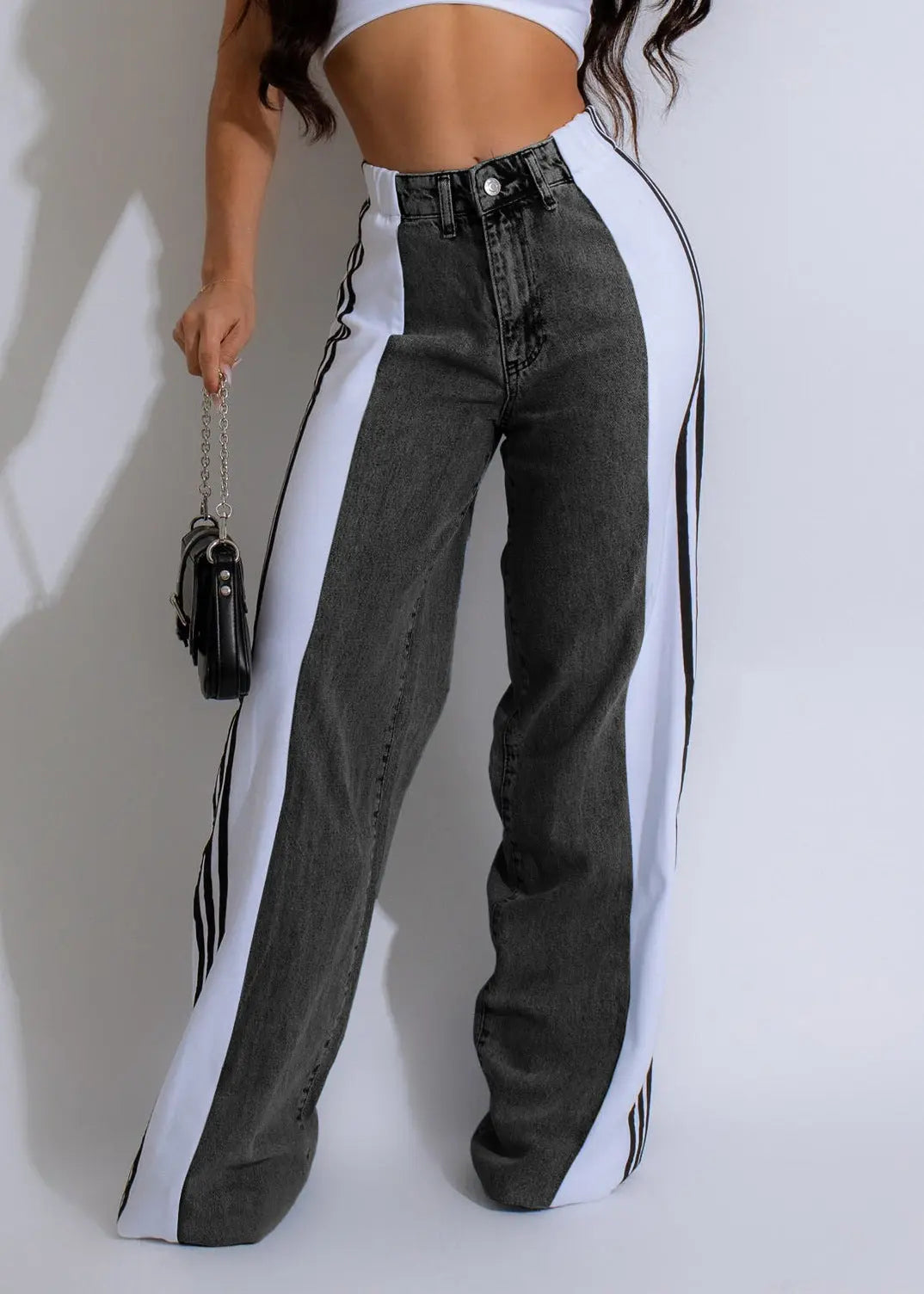 Fashion Casual High Waist Elastic Straight Leg Trousers Three Stripe Patchwork Denim Wide Leg Pants Streetwear hercurva