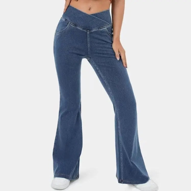 High Imitation Denim Bell-bottom Pants Cross-border Hip Lifting European And American Women Bell-bottom Pants hercurva