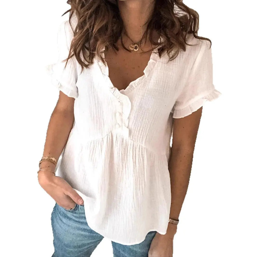 Women's Casual Loose Solid-color Patchwork Short-sleeve Shirt Top hercurva