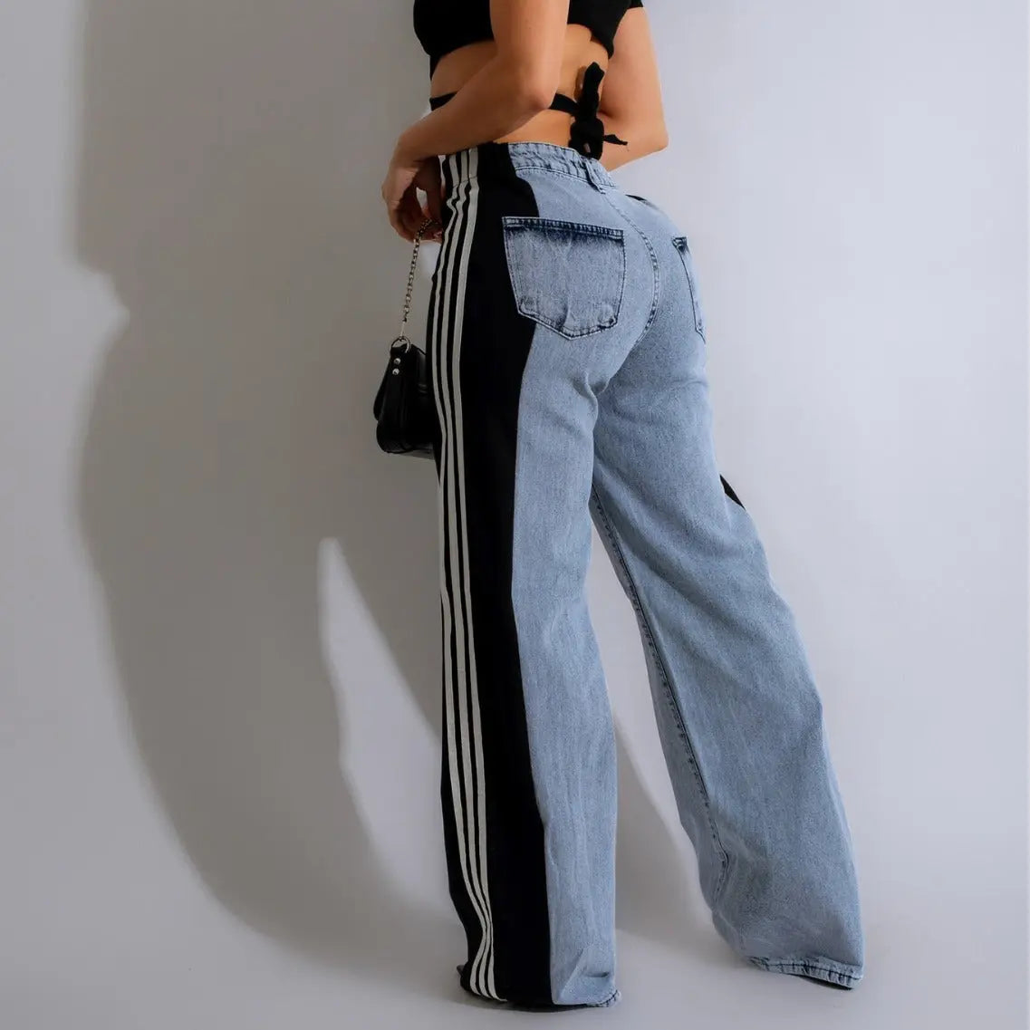 Fashion Casual High Waist Elastic Straight Leg Trousers Three Stripe Patchwork Denim Wide Leg Pants Streetwear hercurva