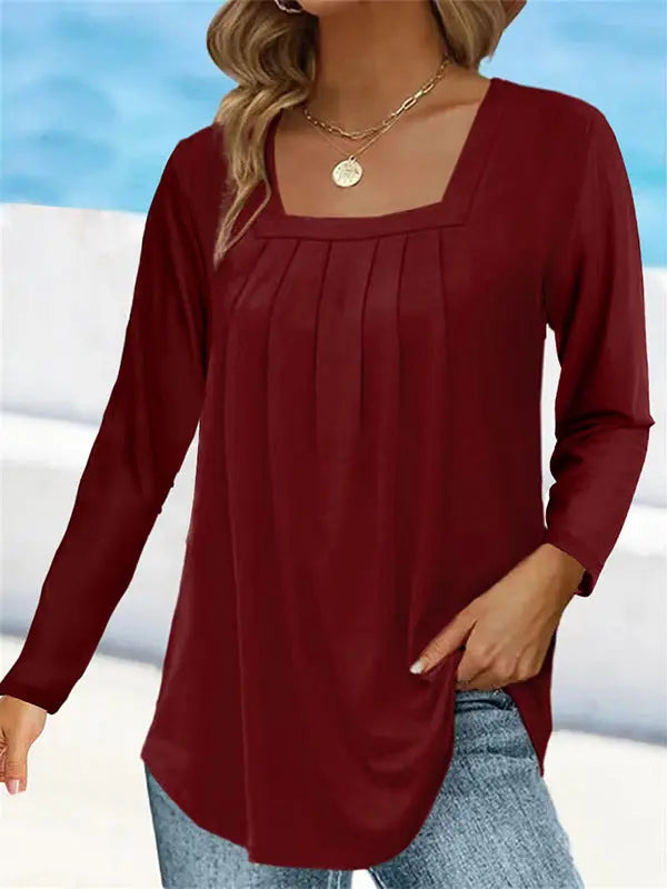 Women's Pleated Square Collar Long Sleeve Imitation Cotton Large Size T-shirt hercurva